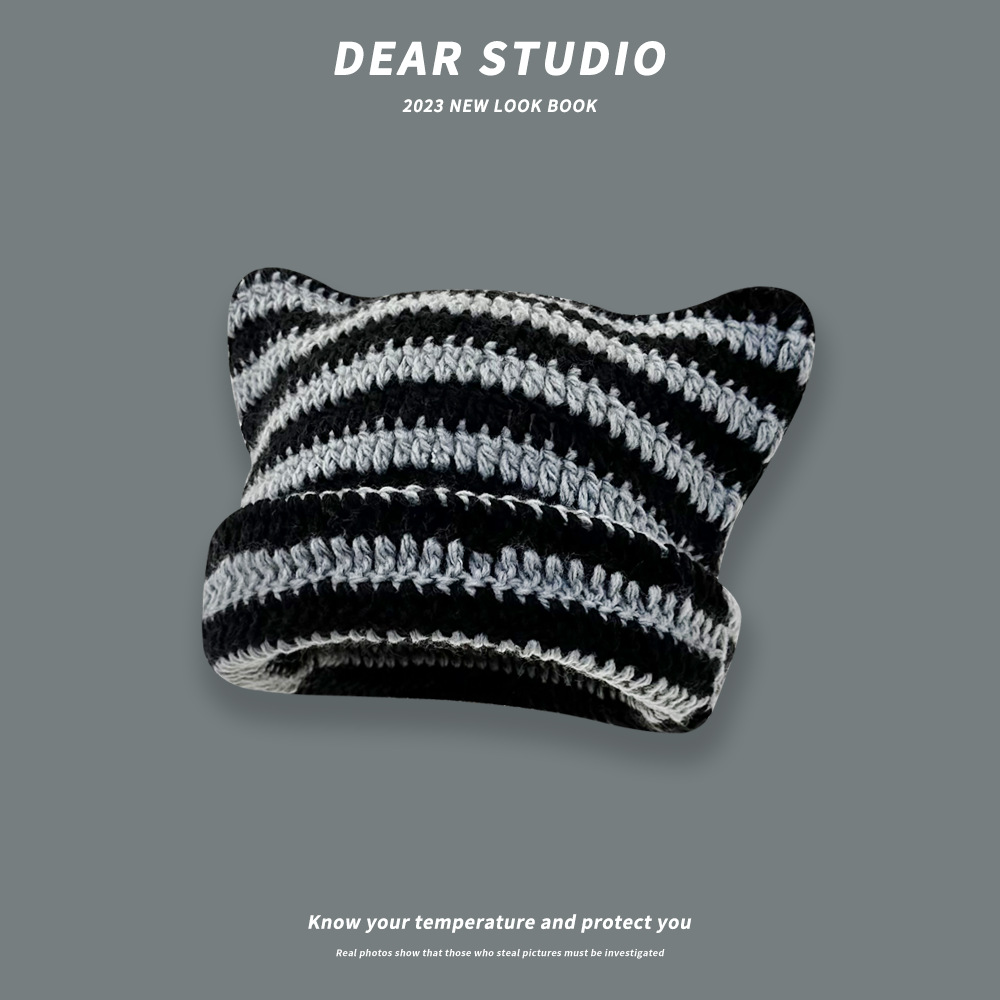 Japonés lindo gato orejas de punto de lana sombrero femenino Otoño e Invierno pequeño diablo a rayas cálido todo-Partido suéter sombrero moda