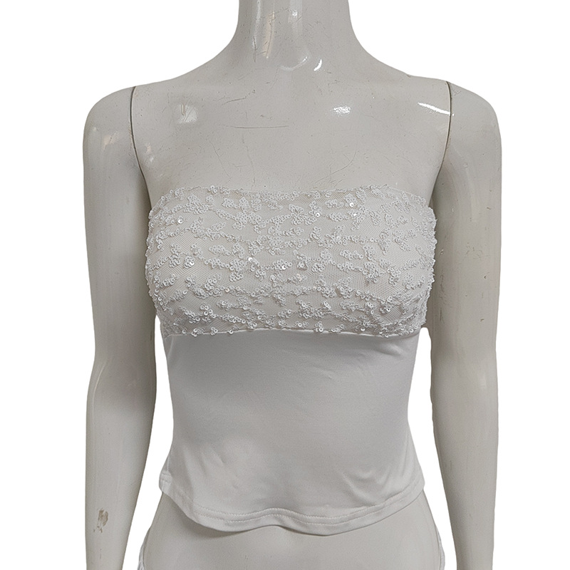 Women's Strapless Sequin Patchwork Top Slim Fit Off-shoulder White_voghion.com