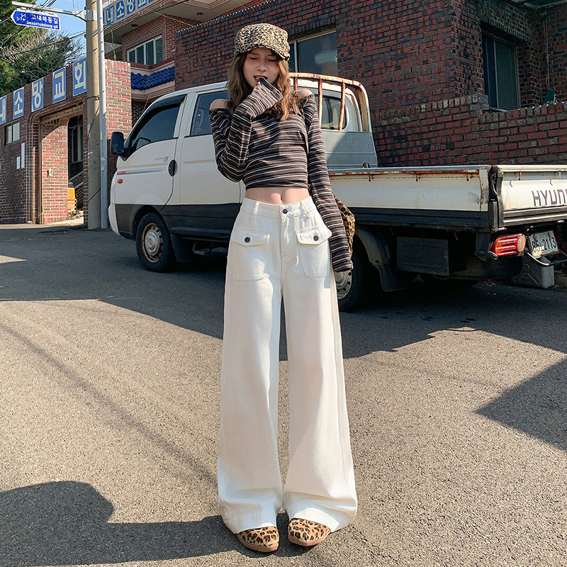 American new flip pocket design white loose casual pants straight wide-leg jeans trousers extended
