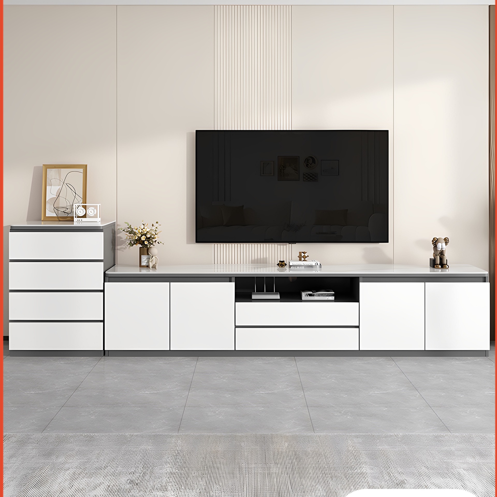 Tv Cabinet 2025 New Model for Living Room, Small Apartment, Tall Style, Light Luxury, Floor-Standing Solid Wood Coffee Table, Rock Slab Tv Cabinet