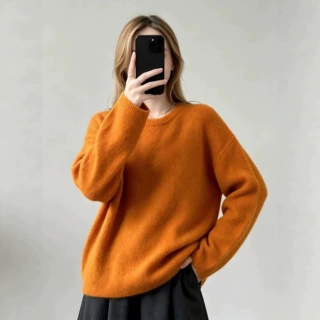 欧美跨境亚马逊毛衣女秋冬新款圆领宽松慵懒风橘色套头针织衫上衣