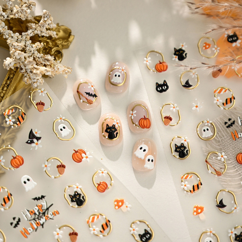 Tensor Black Cat Ghost Halloween Nail Art Stickers M1288 Cute Style Gold Foil Flower Window Cat Pumpkin Nail Stickers