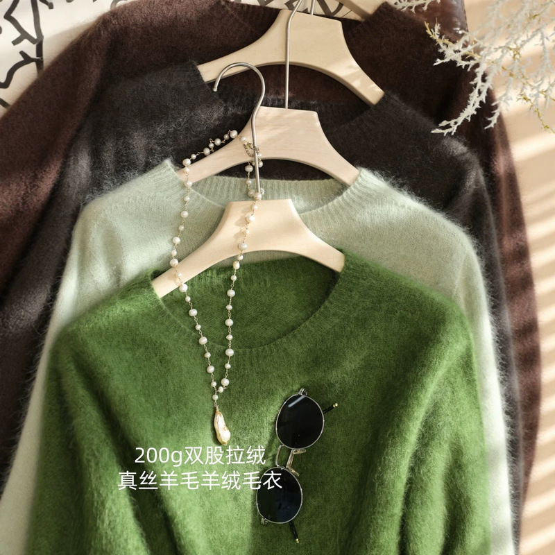 Zhengqi Special Apparel/200g Double-Strand Brushed Silk Wool Cashmere Brushed Round Neck Seamless Knit Sweater for Women