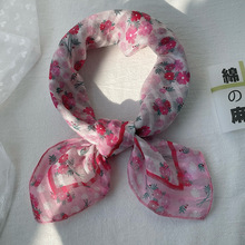 甜美粉色碎花女装饰旅游度假拍照头巾绑发带58x58棉麻小方巾领巾