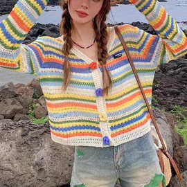 彩色条纹冰丝针织开衫女欧洲站夏装2023新款欧货女装洋气短外套潮