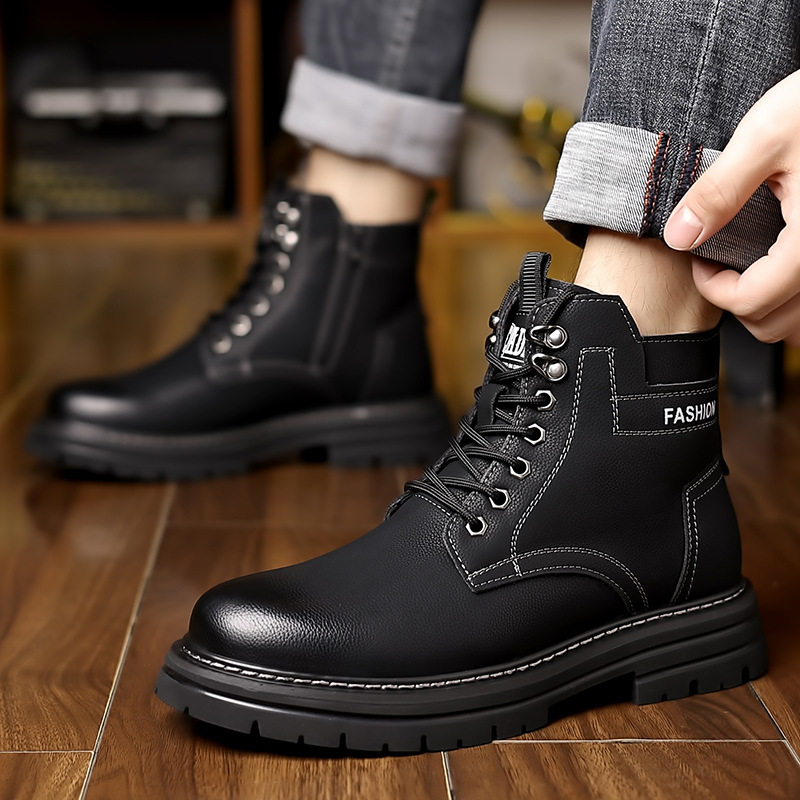 Giày bốt nam cổ cao lót lông giữ ấm kiểu Martin, gót 3-5 cm — QS666 cộng với nhung đen