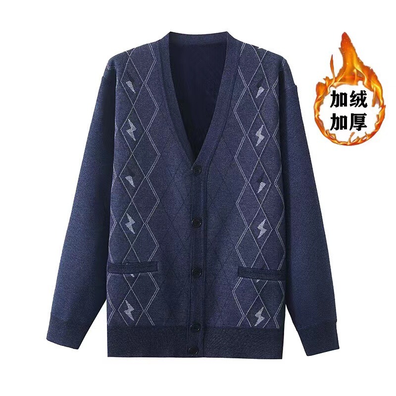 Dropshipping Service: Men's Autumn and Winter Cardigan for Middle-Aged and Elderly, Fleece-Lined Long-Sleeve Sweater Cardigan Jacket, Grandpa Style Top