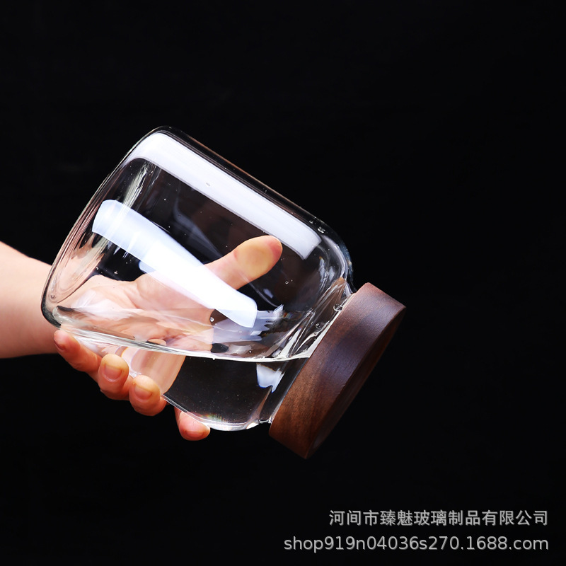外贸展示螺纹口玻璃密封罐大容量玻璃储物罐相思木盖陈皮储存罐|undefined