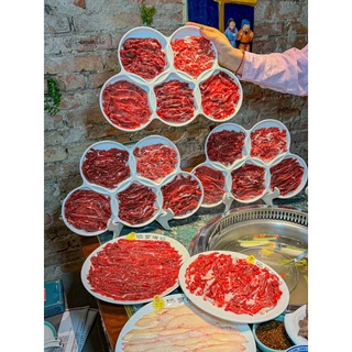 密胺仿瓷五环盘创意火锅店牛肉拼盘吊龙肥牛嫩肉盘胸口捞三花趾盘