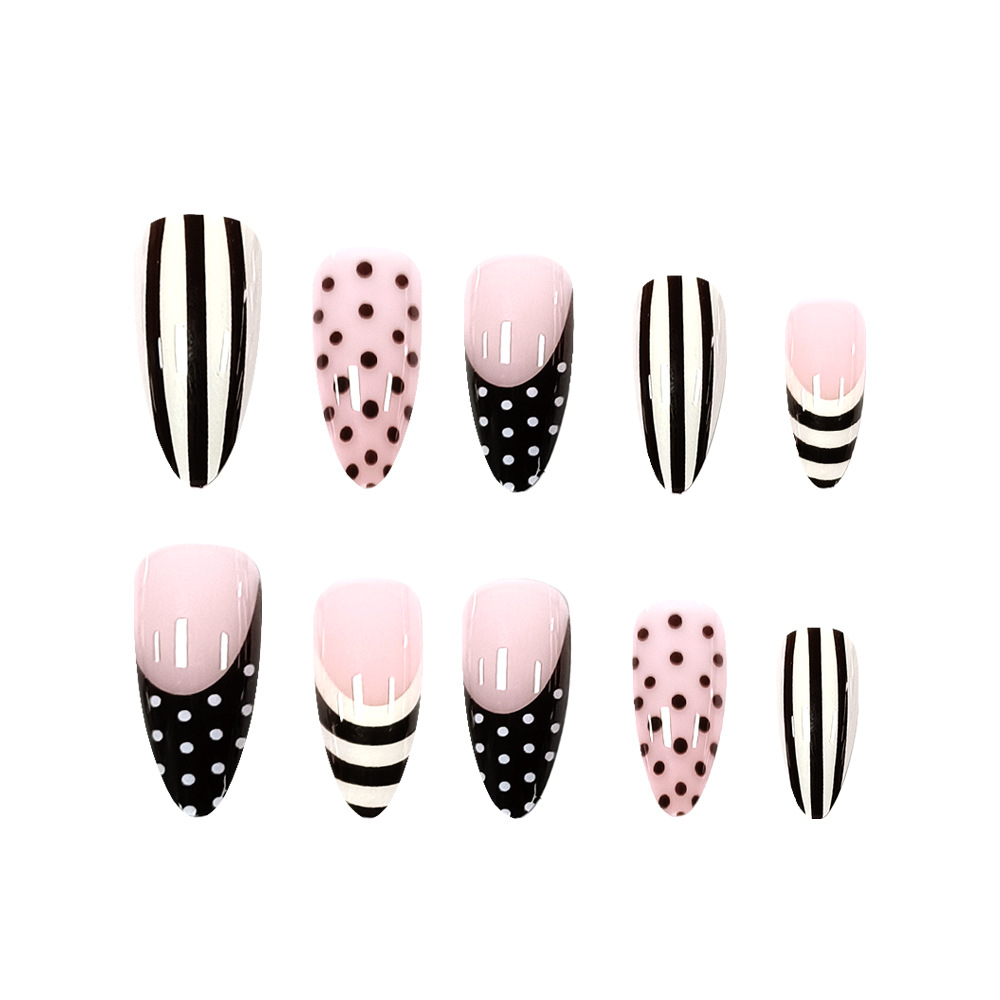 Polvo desnudo ondulado blanco y negro rayas manicure retrógrado transfronterizas francesas desgastadas gotas de uñas 24 piezas de parche de uñas