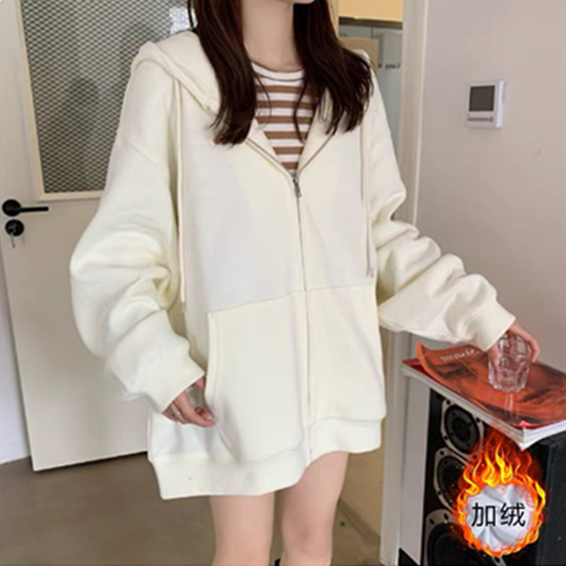 早秋新款黑色连帽卫衣女宽松慵懒风加绒开衫拉链上衣韩版冬季外套|undefined