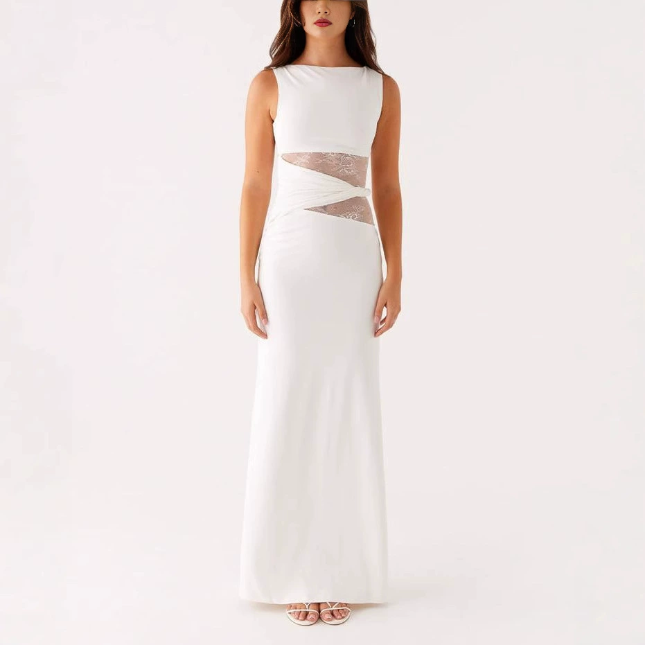 G25D047-2025 элегантное черное длинное платье облегающего кроя с кружевом и драпировкой для похудения, высококачественная полупрозрачная кожа