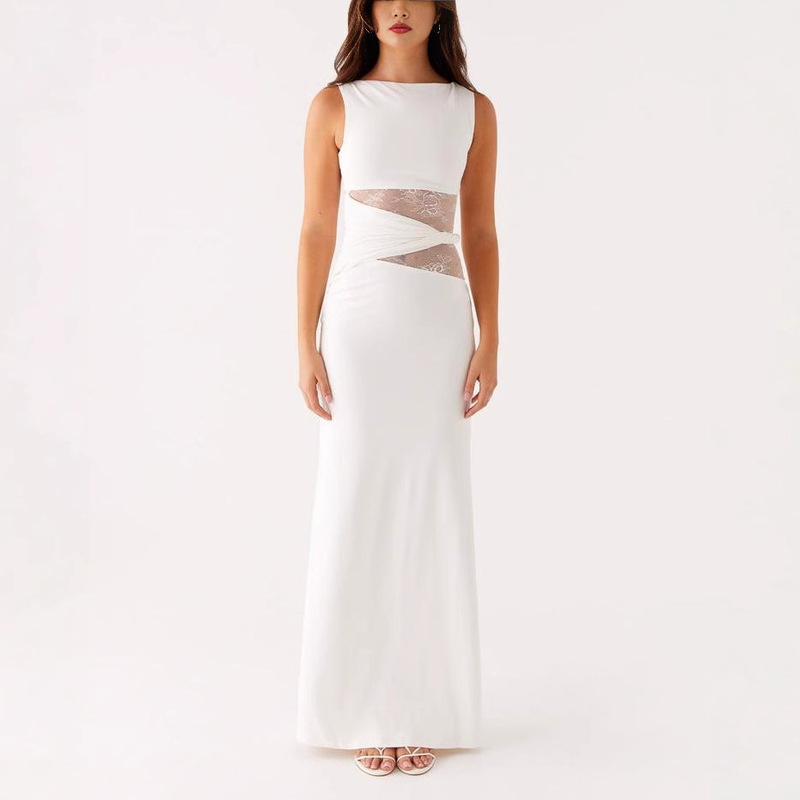 G25D047-2025 Elegant Black Long Dress Slim Fit Lace Splicing Draped Slimming Look High-End Translucent Skin