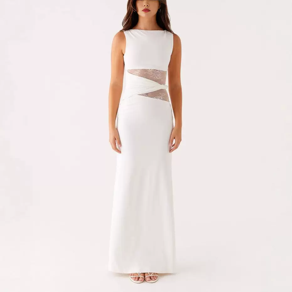 G25D047-2025年优雅黑色长款连衣裙修身蕾丝拼接垂感显瘦高级透肤