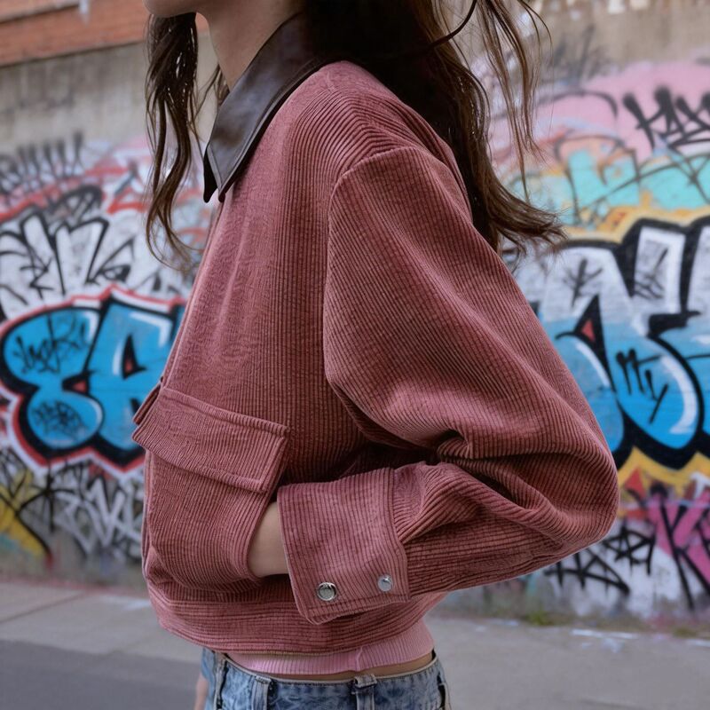 2026 Spring New Product Personalized Street Style Corduroy Leather Patchwork Collar Bomber Jacket for Women 2949024 2026 Spring New Product Personalized Street Style Corduroy Leather Patchwork Collar Bomber Jacket for Women 2949024