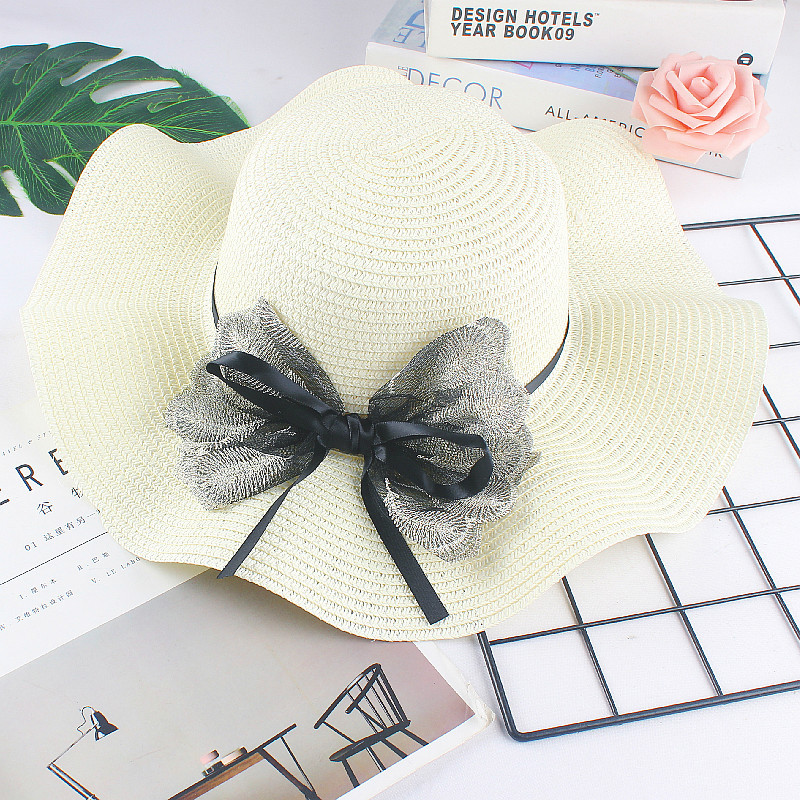 Primavera y verano malla arco sombrero para el sol con volantes sombrero para el sol moda damas playa sombrero al aire libre sombrero al por mayor