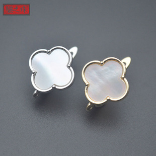 European and American Copper Plating True Gold Plating 18K Gold Silver Natural Fritillaria Shell Four-leaf Clover Earrings Ear Hook Ear Buckle