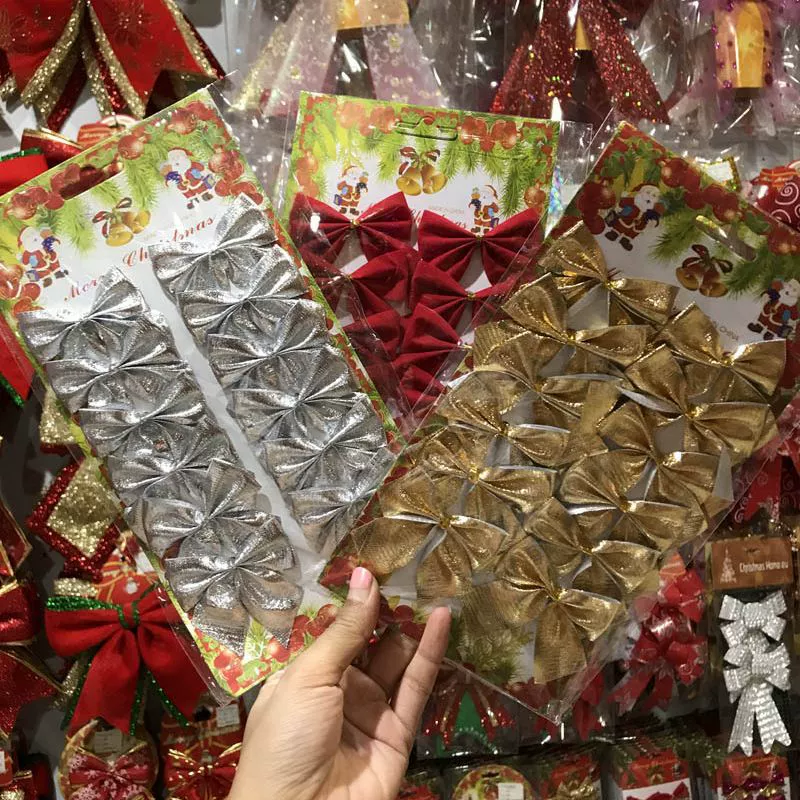 Красные украшения с бантом, подвеска, 5.5см, 12 штук, золото и серебро