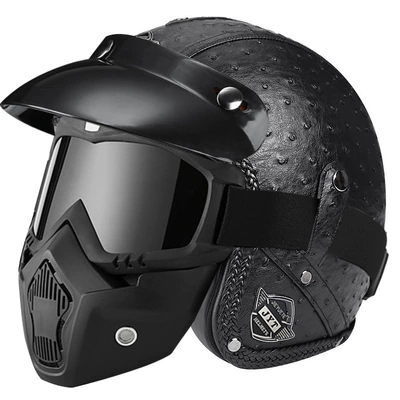 Motorcycle Safety Supplies: Motorcycle Leather Helmet Riding 3/4 - 555-leather-helmet-black-wave-point-mask-s