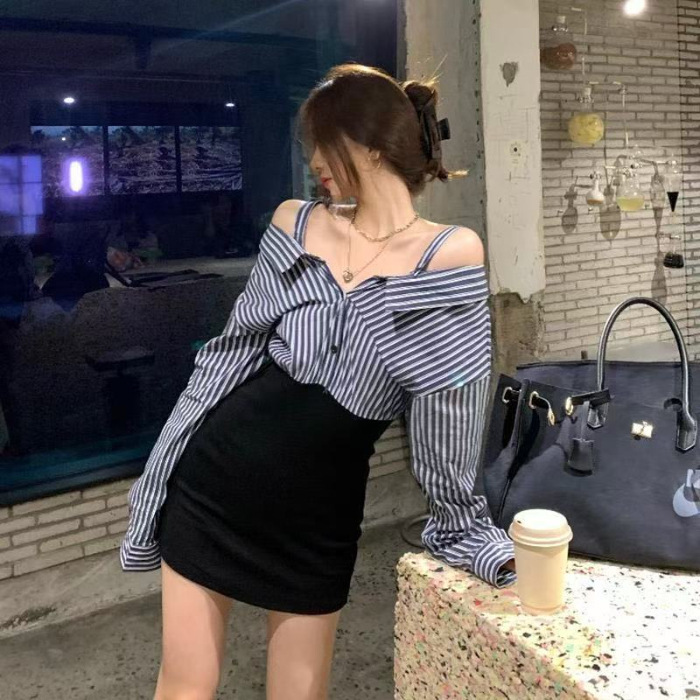 假两件拼接一字肩吊带长袖连衣裙女2025秋季新款短裙条纹衬衫裙子|undefined
