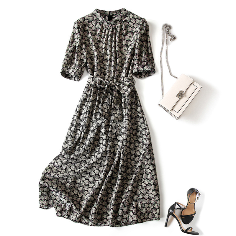 Daisy Floral Silk Dress 2026 Summer New Women's Clothing Puff Sleeve Mid-Length Mulberry Silk Dress Elegant