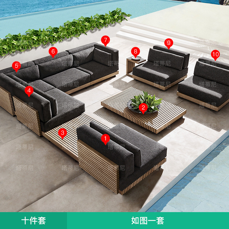 Conjunto de muebles de ocio para exteriores, sofá de teca para jardín, patio, terraza, hotel o villa, impermeable y resistente al sol. image 16