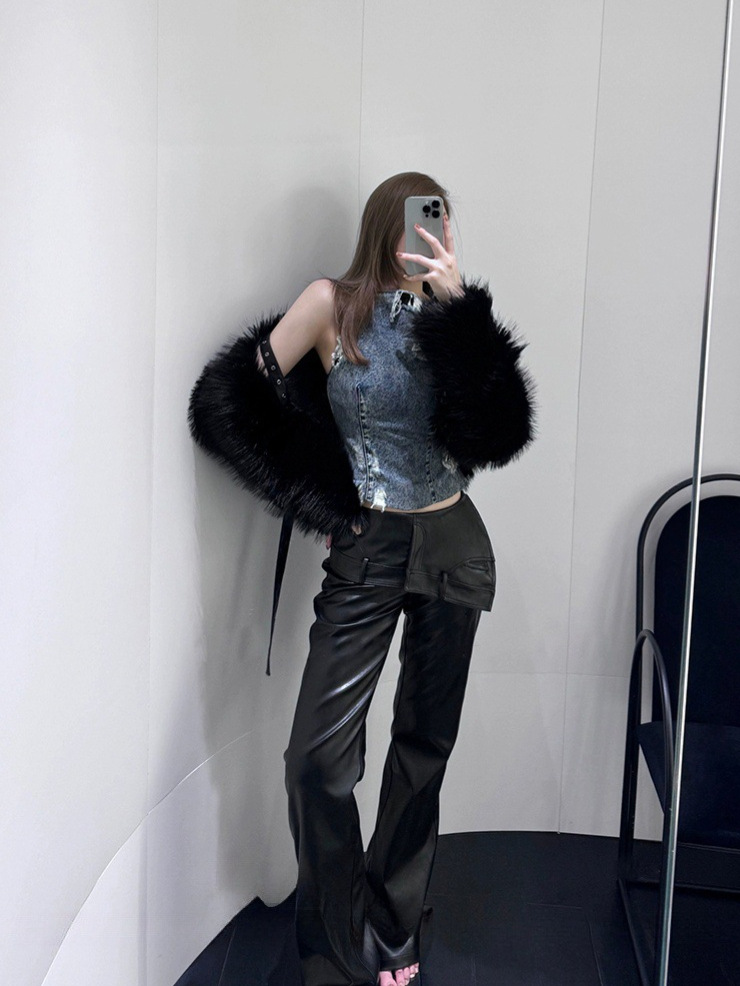 American hot girl PU pantalones de cuero mujer 2024 otoño salvaje negro casual pantalones delgados trapeando pantalones retro rectos image 4