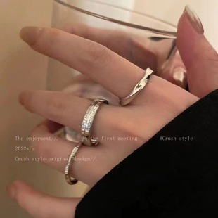 Silver Plain Ring Three-Piece Set for Women, Cool Style, Simple Elegant, Versatile Index Finger Ring Ins Popular Personalized Tail Ring