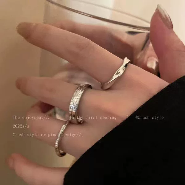 Silver Plain Ring Three-Piece Set for Women, Cool Style, Simple Elegant, Versatile Index Finger Ring Ins Popular Personalized Tail Ring