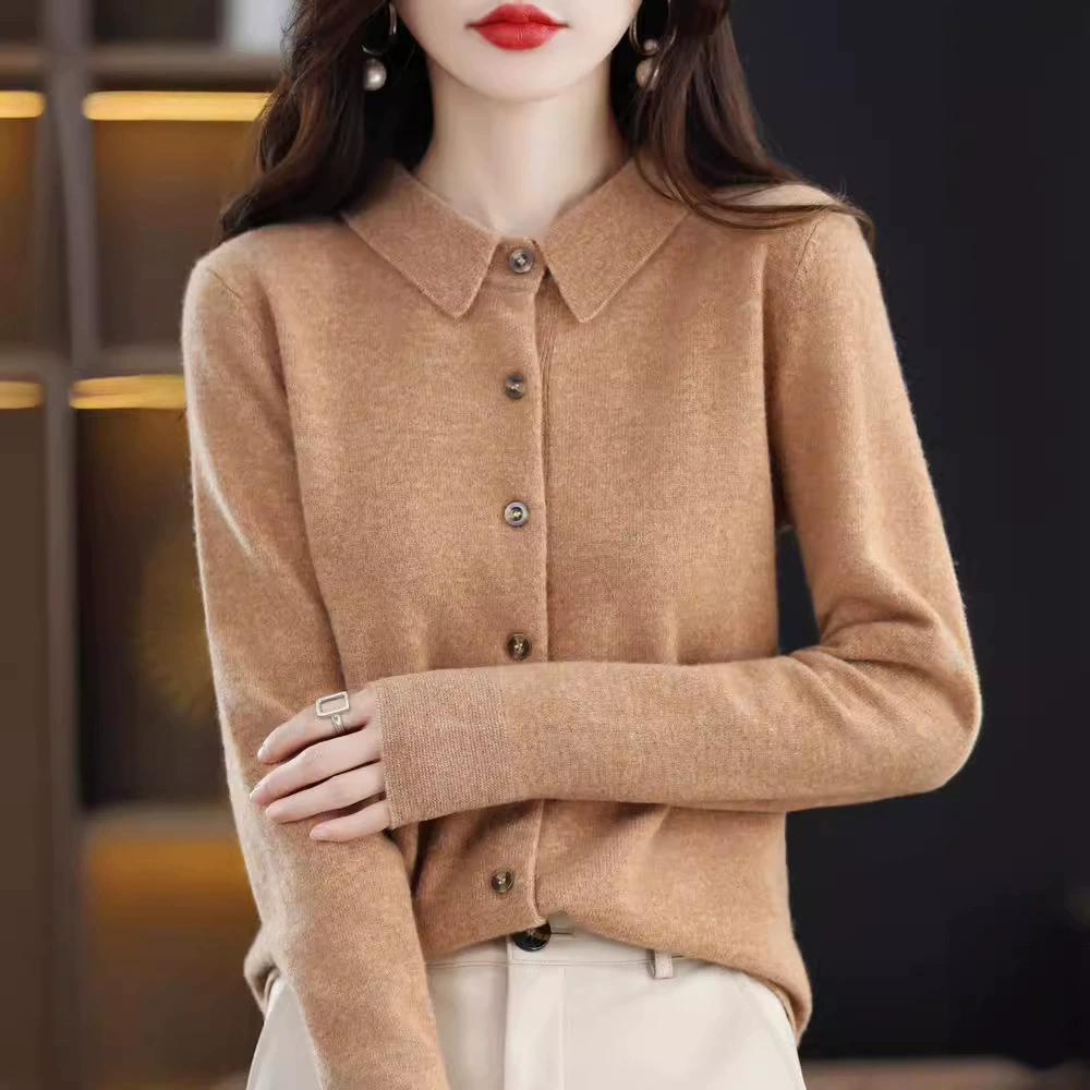 Женский кардиган из 100% шерсти с отложным воротником, новинка осени-зимы 2025, верхняя одежда в европейском стиле, базовый слой