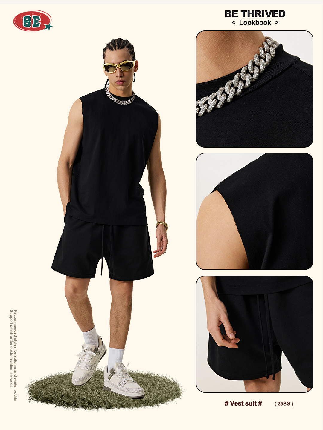 BE ropa de hombre | 2025 verano marca de moda americana fitness deportivo chaleco suelto casual cordón pantalones de cinco puntos hombres al por mayor