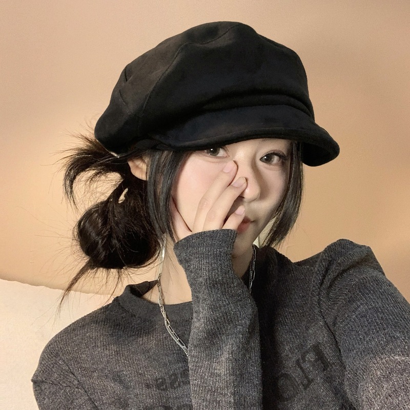 日系复古麂皮绒褶皱贝雷帽女大头围云朵八角帽显脸小画家帽子|undefined
