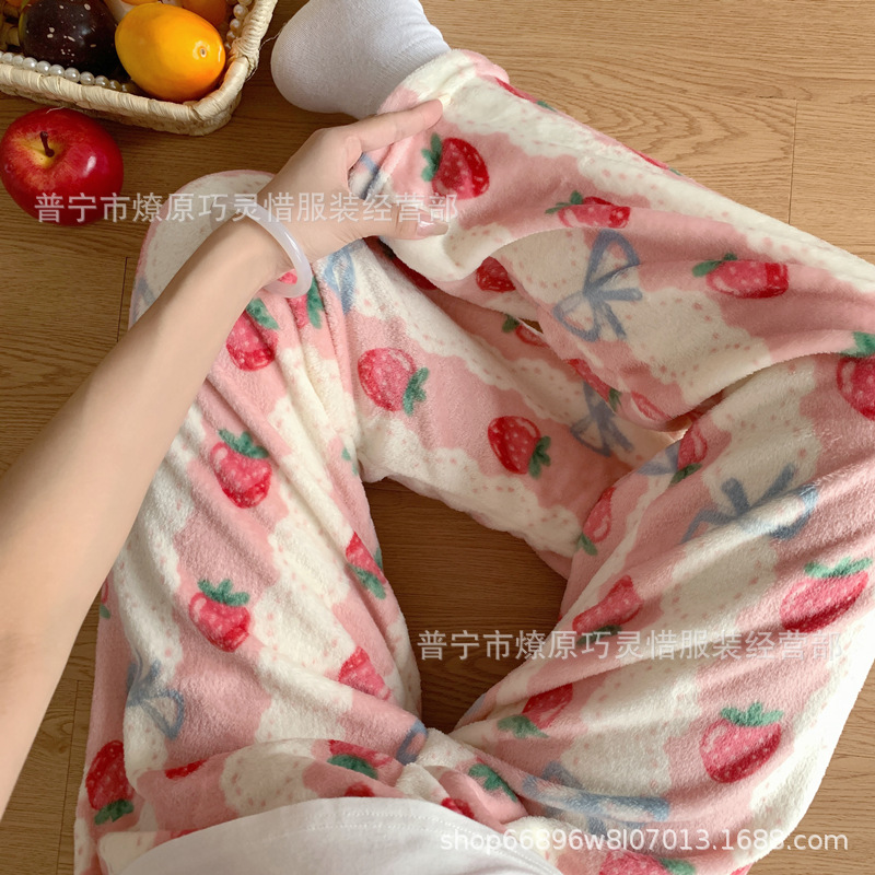 Pantalones de pijama de franela de coral de dibujos animados, pantalones de pijama de hombre, pantalones de invierno de otoño de mujer, pantalones caseros