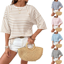 2026夏季新款亚马逊欧美TK女装圆领套头衫女简约百搭条纹半袖T恤