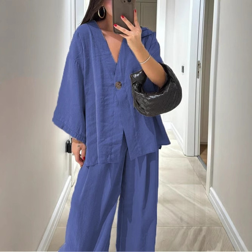2026 women's fashion casual suit V-neck one-button loose long-sleeved top high-waisted trousers two-piece set
