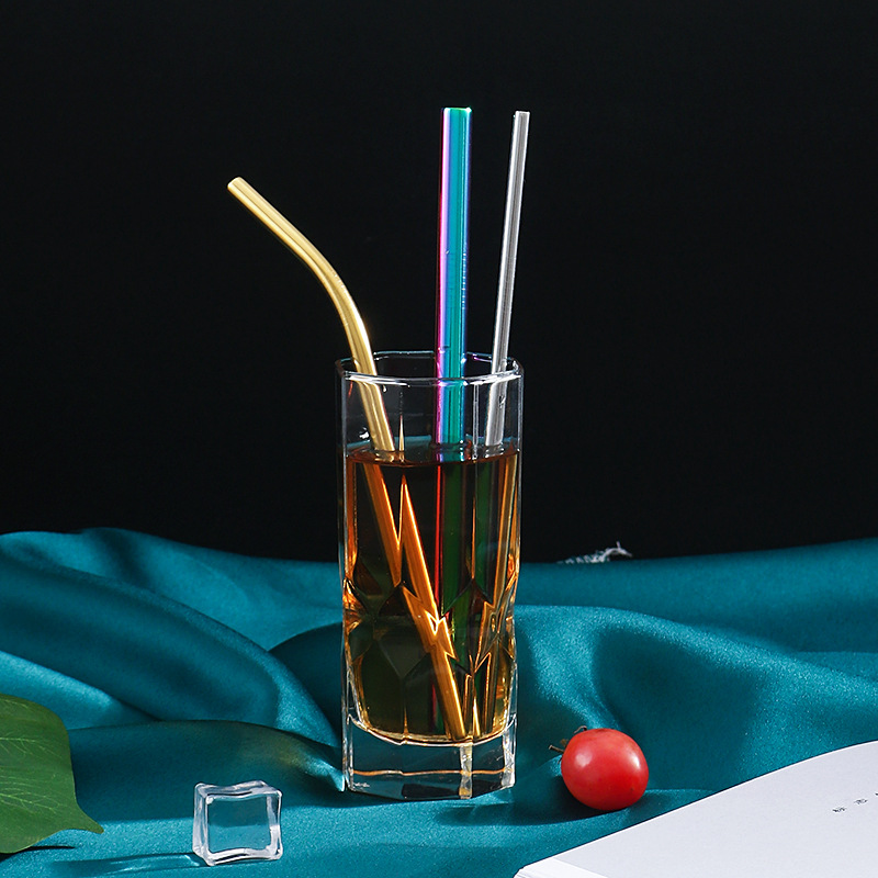 304 paja de acero inoxidable creativo Chapado en titanio cóctel leche té tubo recto codo traje de paja de metal logotipo imprimible