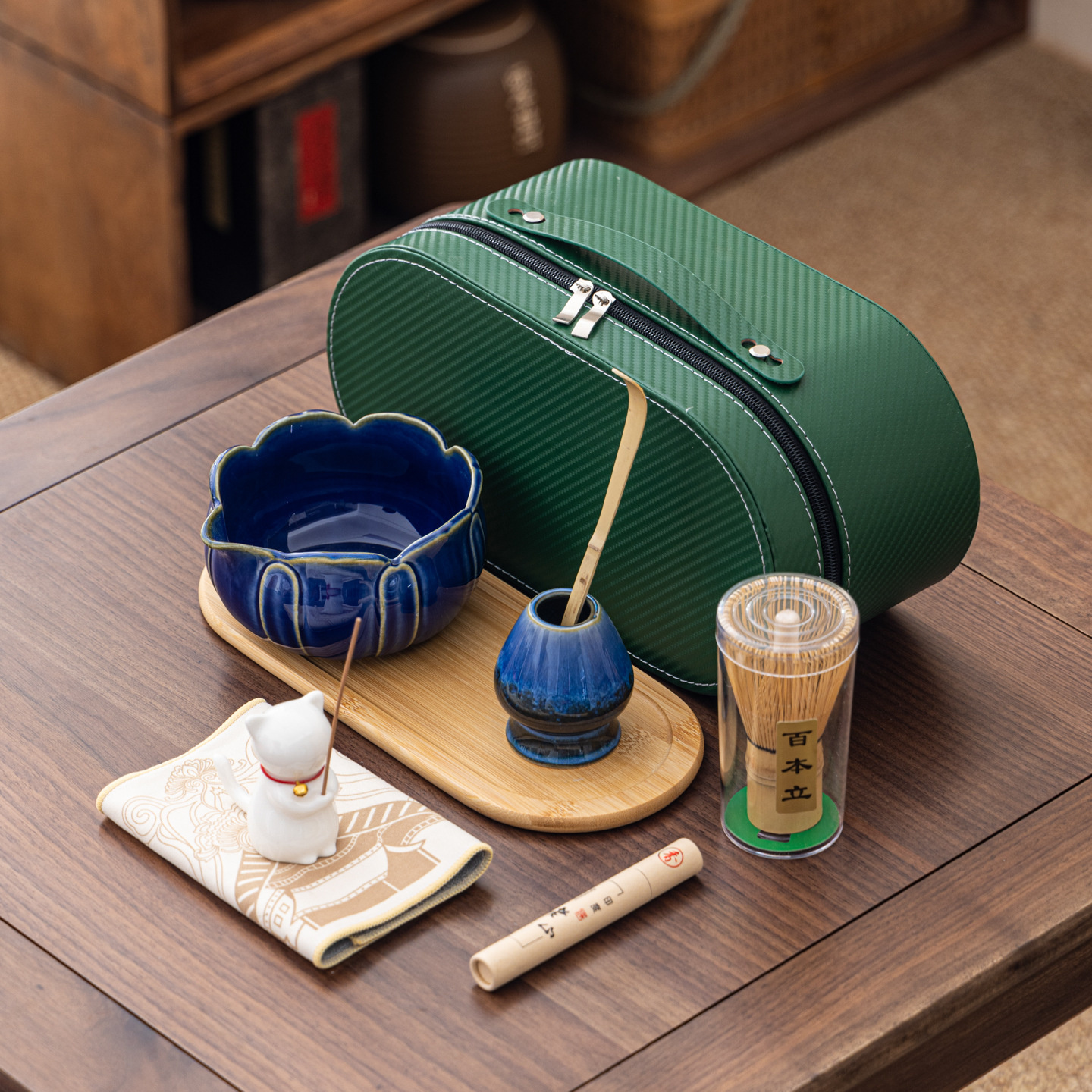 Cuenco de matcha corrugado caja de cuero set adorable gatito Xiangdao ocho piezas set punto té 100 tazas de té