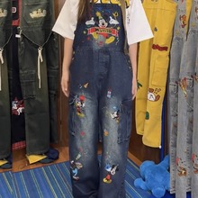 美式高街卡通牛仔背带裤女夏季新款显瘦慵懒风阔腿连体裤长裤子潮