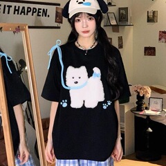 日本の楽しい子犬刺繍ヘビーウェイトピュアコットン半袖Tシャツレディース2025年夏新作シックニッチ半袖トップ