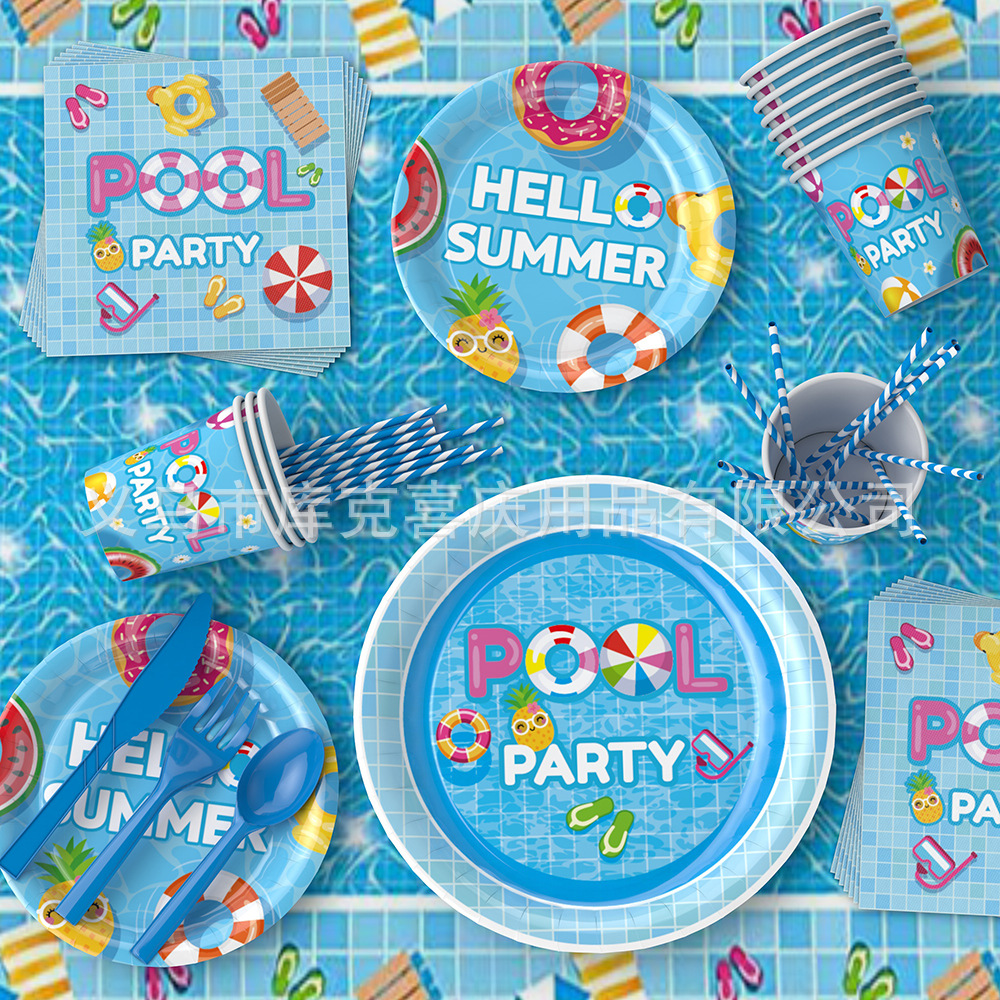 Nuevo verano piscina fiesta cena placa decoración traje verano vacaciones tema papel plato papel taza pull bandera Decoración