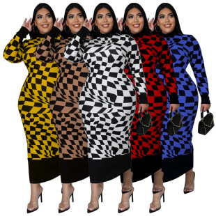 Cross-border New European and American Foreign Trade Amazon Women's Independent Station Crewneck Plaid Printing Long Sleeve Elegant dress