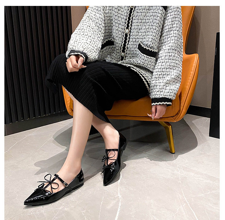 Giày Mary Jane nữ mũi nhọn thắt nơ, đế bằng gót thấp — Màu đen, Màu đỏ chi tiết 19