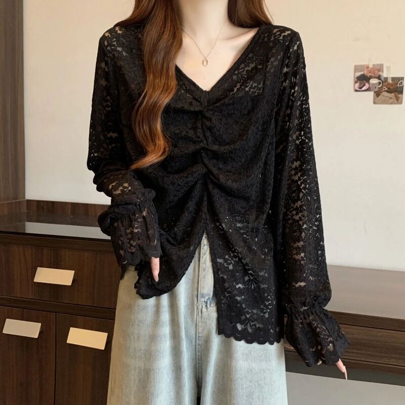 Lace Crochet Collar Long-Sleeve Base Shirt for Women, Spring and Autumn 2026, Plus Size, New Design, French Style Top, Black