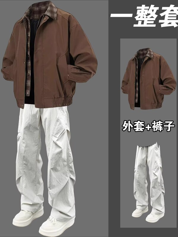 American-Style Fake Two-Piece Jacket for Men, Spring and Autumn Outfit, Trendy Brand, Cool and Versatile Set for Teenagers