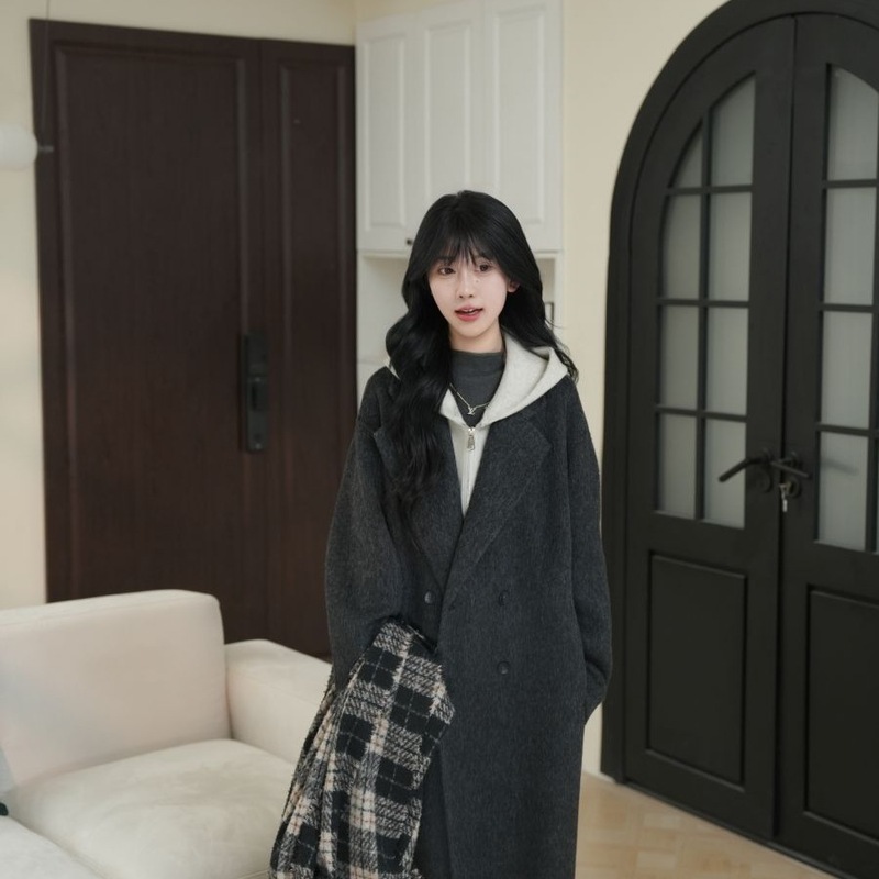 伊迪卡双面羊毛大衣韩系假两件高贵气质百搭长款宽松女装秋冬新款|undefined