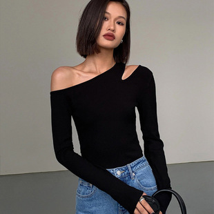 Black Sexy Shoulder Inclined Shoulder Base Shirt Women's Autumn All-match Long-sleeved T-shirt Tight Inner Shoulder Shoulder Shoulder Shoulder Shirt