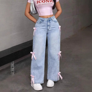 Cross-border Spice Girls Loose Amazon Bow Cross-border Straight Leg Trousers Washed Women's Jeans Hot Sale TEMU