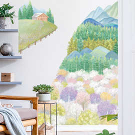 彩虹小树装饰贴画山丘乡村卧室背景墙贴盆裁植物可移除墙贴画