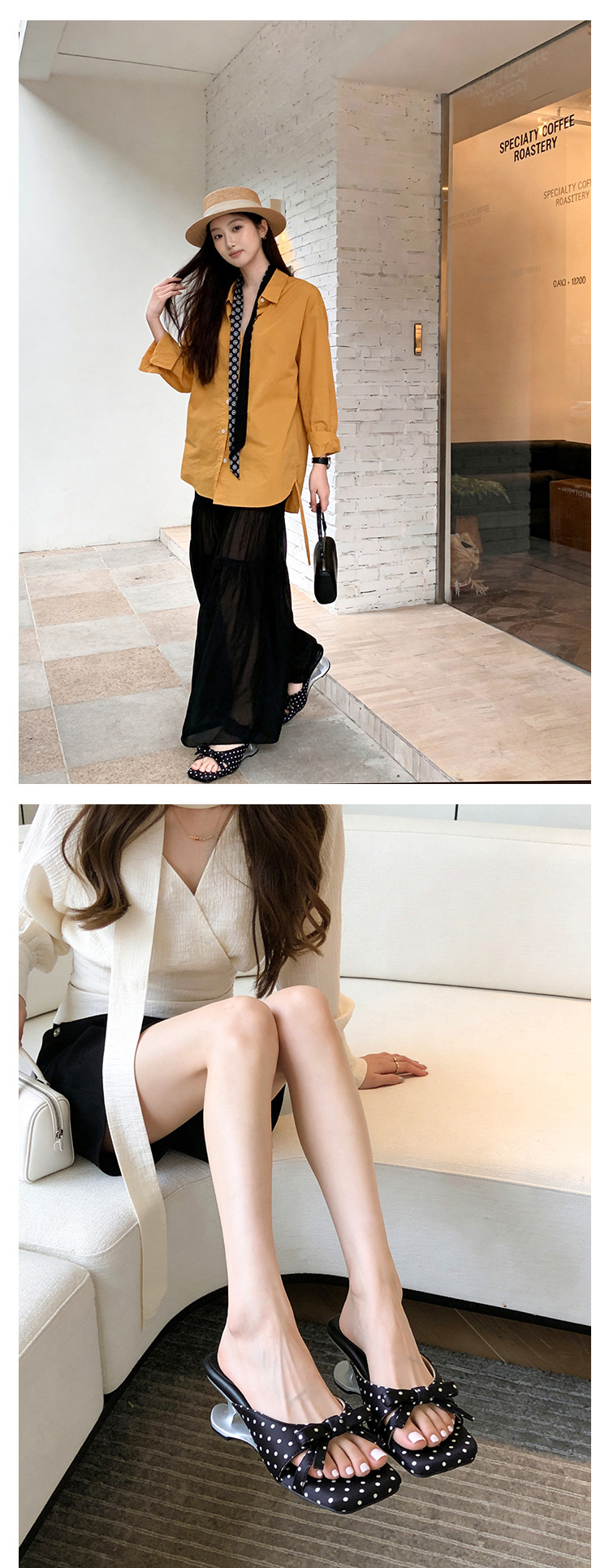 Sandal cao gót nữ mũi vuông hở ngón, đế xuồng chấm bi nơ bướm, gót 6 cm — màu đen, màu trắng ngà, màu mơ chi tiết 12