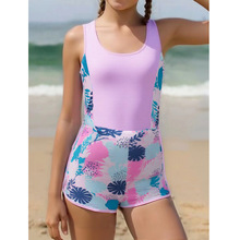 2025外贸亚马逊新款儿童泳衣欧美女童中大童连体平角裤两件套泳装